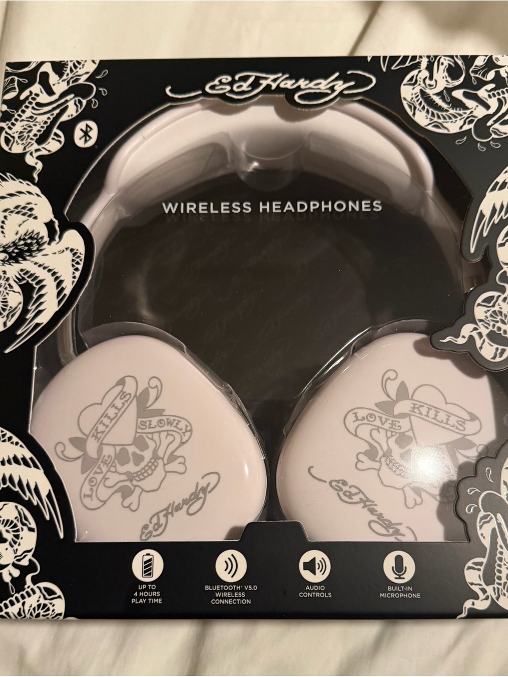 Ed Hardy White Over-Ear Wireless Headphones with Tattoo Skull Design